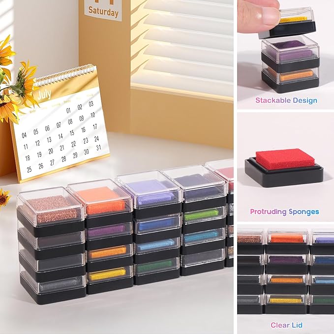 CraftyManor Mini 12 Color Pigment Ink Pads for Stamps, Fingerprint Ink Pad, Stamp Pad for Scrapbook Paper & Stamps for Clothing Stamp & Letter Stamps, Archival