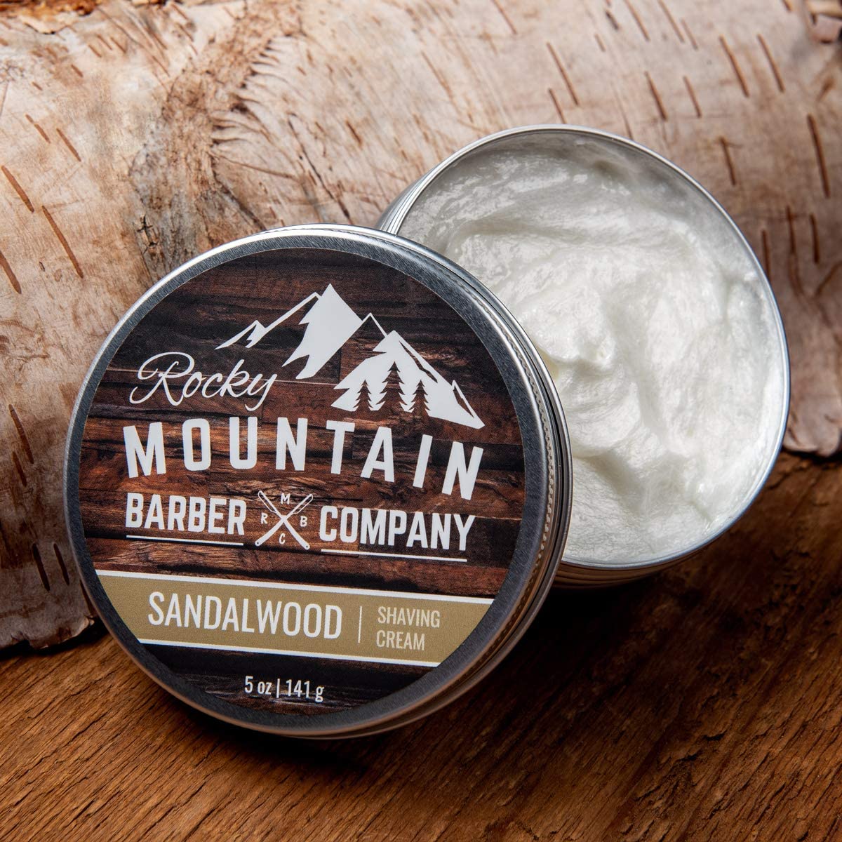 Shaving Cream for Men with Sandalwood Essential Oil - Thick Lather for Traditional and Cartridge Shaving - by Rocky Mountain Barber Company – 5oz Tin
