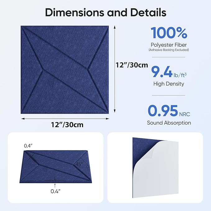 UNECHO 12 Pack 12" X 12" X 0.4" Acoustic Panels for Wall Sound Absorbing, P-Stripes Square Self-Adhesive Sound Panels, High Density Suitable for Multiple Scenarios(Sapphire Blue)