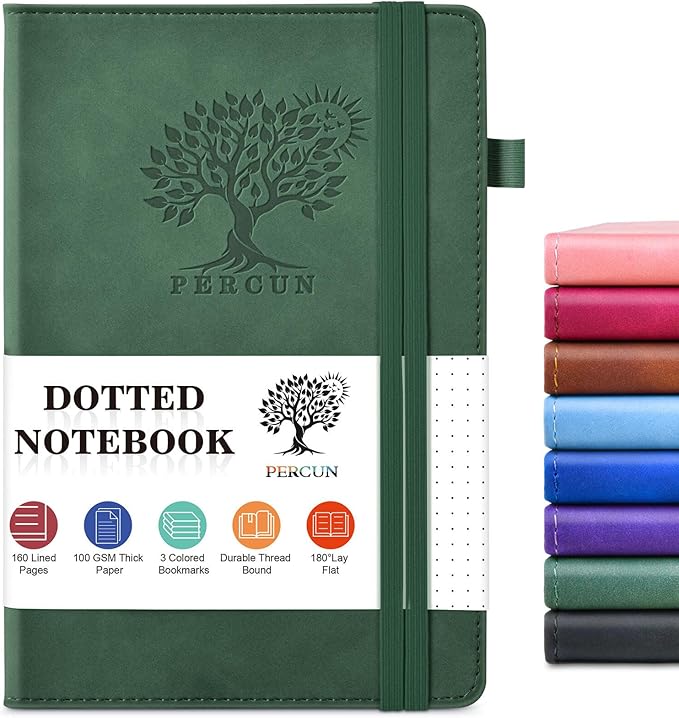 PERCUN Dotted Journal Notebook for Men & Women, 160 Pages Dot Grid notebook for Note Taking, Bullet Journaling Notebook for Work, School, Travel, Writing, A5 Hardcover 5.9" x 8.5" (Green)