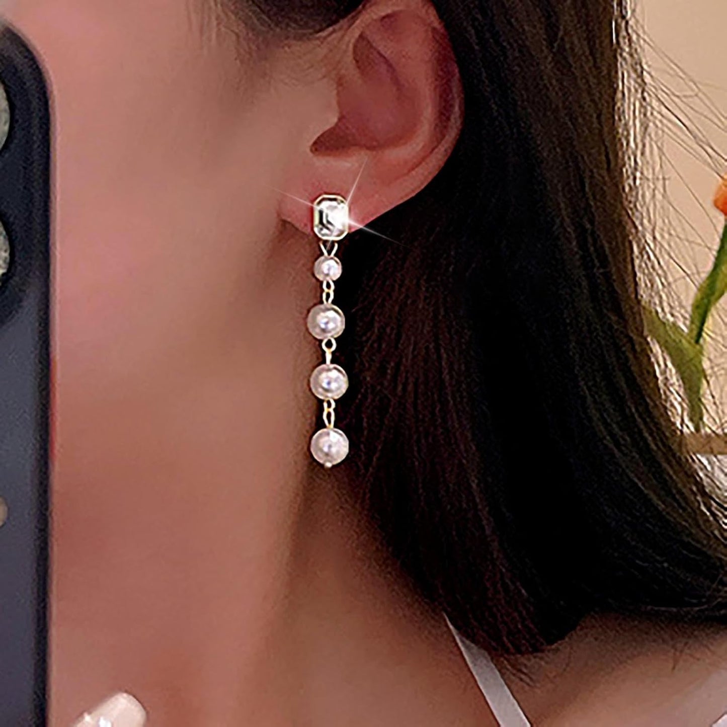 Vintage Crystal Pearl Drop Earrings Long Pearl Chain Earrings Gold Pearl Tassel Earrings Shine Bridal Cz Rhinestone Pearl Earrings Jewelry for Women