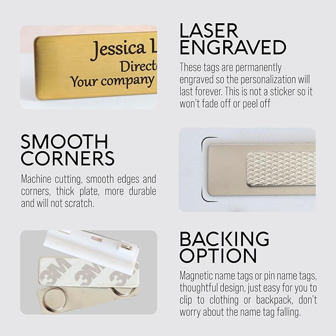 Custom Engraved ID Name Tag Badges Identification Personalized with Text & Logos, Metal Name for Clothing with Pin or Magnetic Backing Plates for Business and Employees (Your Own Design)