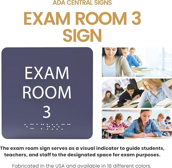 6" X6" Exam Room 3 Sign - ADA Compliant Tactile Graphics Grade 2 Braille Text Acrylic Wall Signs - Educational Institution Directional Assistance Test Center Door Sign for Schools