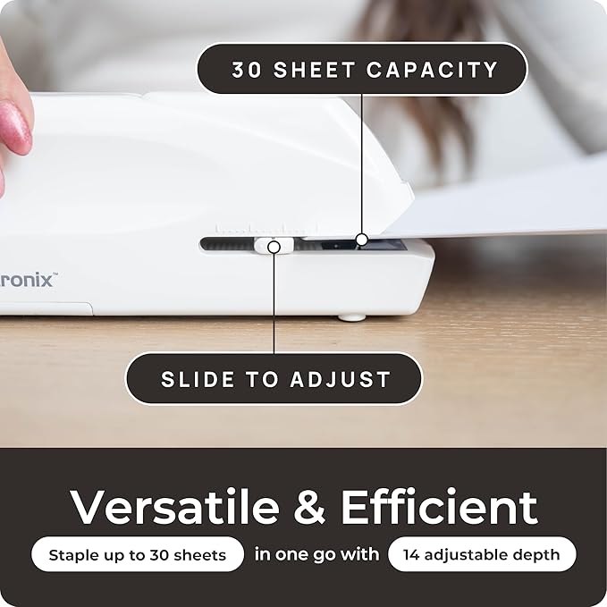 EcoElectronix Portable Automatic Electric Stapler Pro - 30 Sheet Capacity, Quiet Operation, Jam-Free and Easy Reload - AC Adapter/Battery Powered, (White)