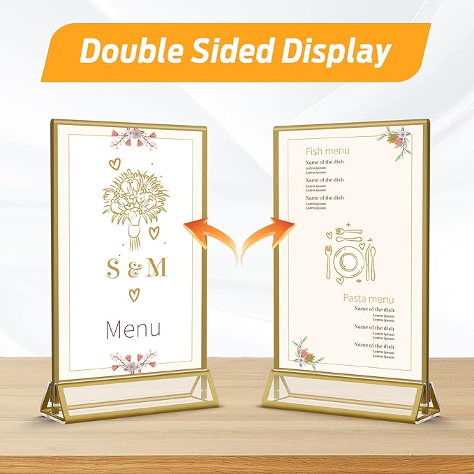 Smarpau Acrylic Gold Sign Holder 5x7,8 Pack Table Number Holders, Double-Sided Display Stand Picture Frames Menu Holder Flyer Stands Photo Holders for Wedding