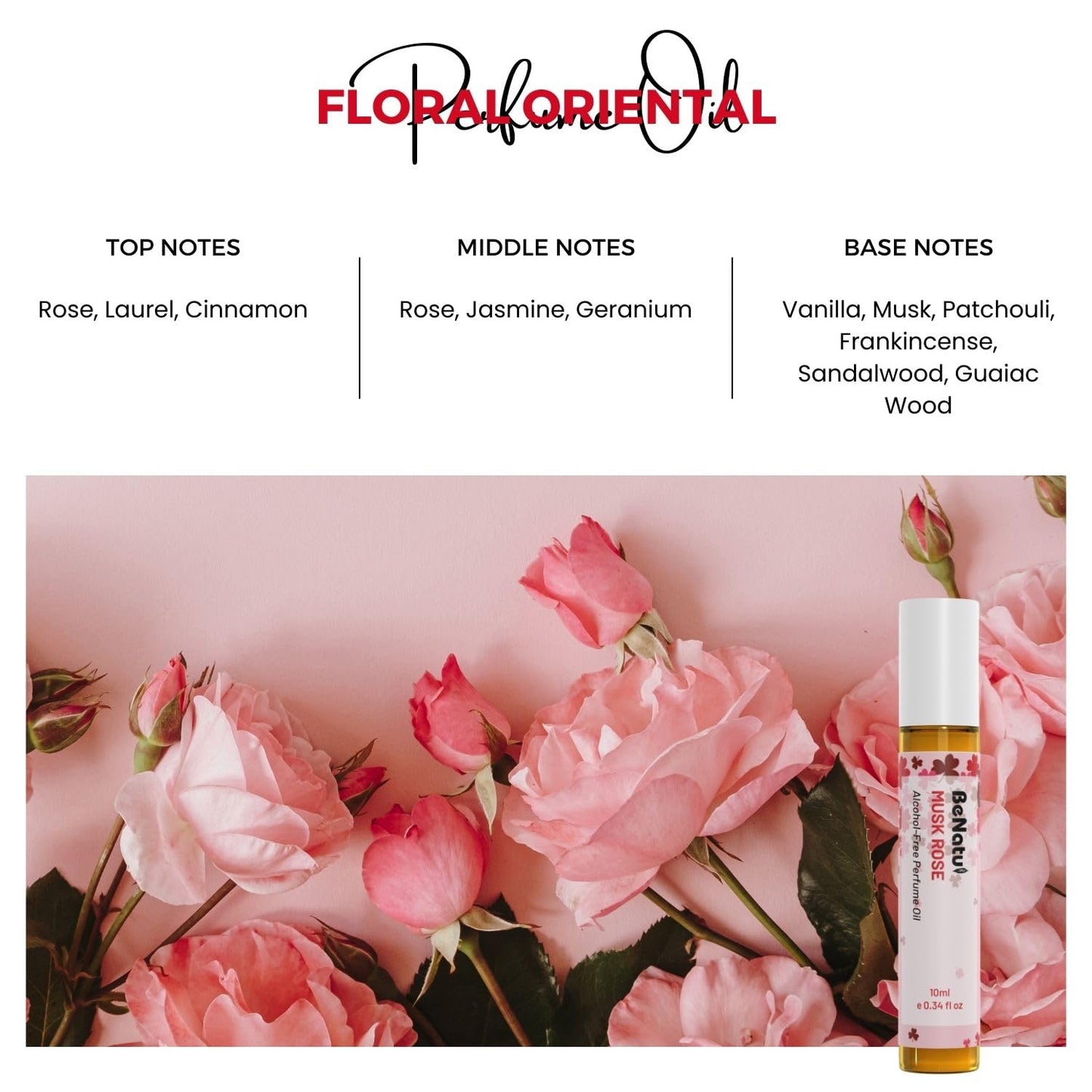 benatu Musk Rose Perfume Oil Roll On for Women, Alcohol Free Eau de Parfum, Travel Size Essential Oil Body Fragrance, Concentrated & Long Lasting Floral Scent, 10 ml