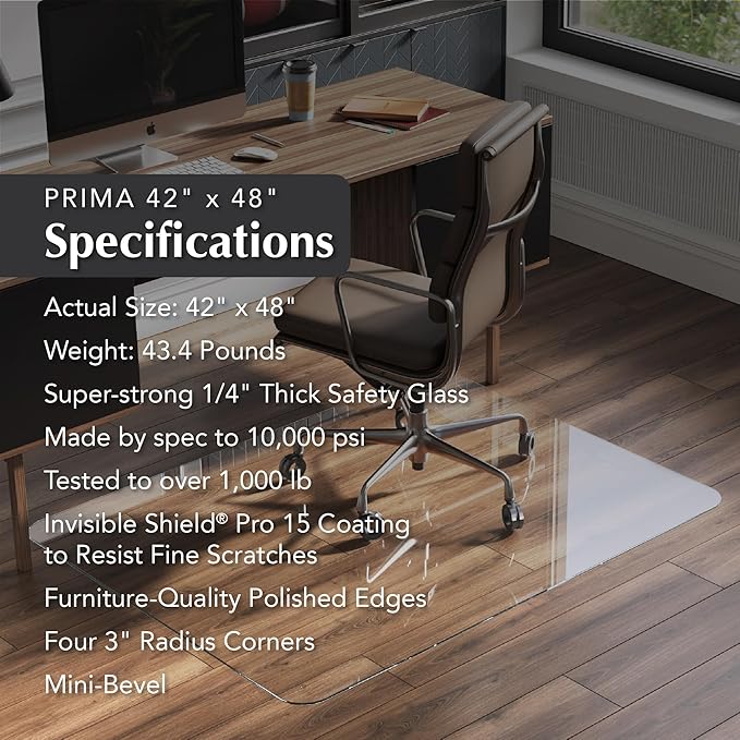 Vitrazza Glass Chair Mat 42” x 48” Superior ¼ Thick, Luminoso Low-Iron Ultra Clear, Certified Tempered Safety Glass, Delivers a Smooth Glide, Protects Carpet or Wood, Beautiful in Home or Office.