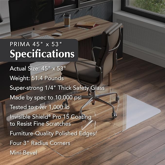 Vitrazza Glass Chair Mat 45” x 53” Superior ¼ Thick, Luminoso Low-Iron Ultra Clear, Certified Tempered Safety Glass, Delivers a Smooth Glide, Protects Carpet or Wood, Beautiful in Home or Office.