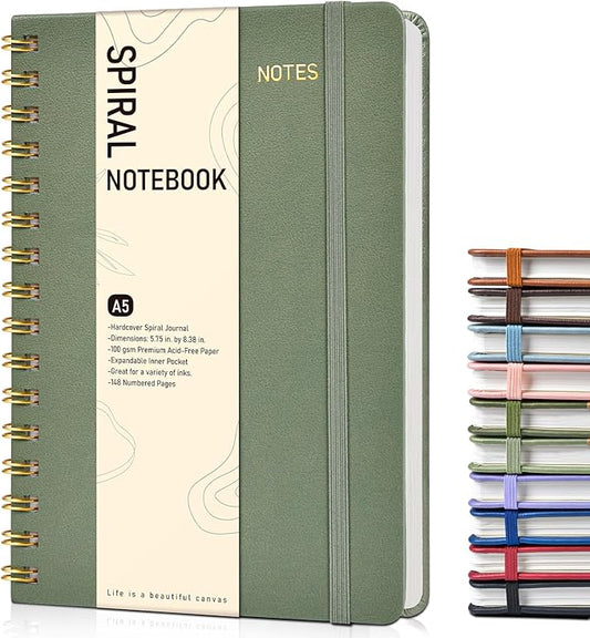 Graph Spiral Journal Notebook, A5 Hardcover Spiral Journals for Women Men, 100 GSM Graph Paper Notebooks, 150 Pages Spiral Bound Grid Notebook for Writing Note Taking Work 5.75" x 8.38", Sage Green
