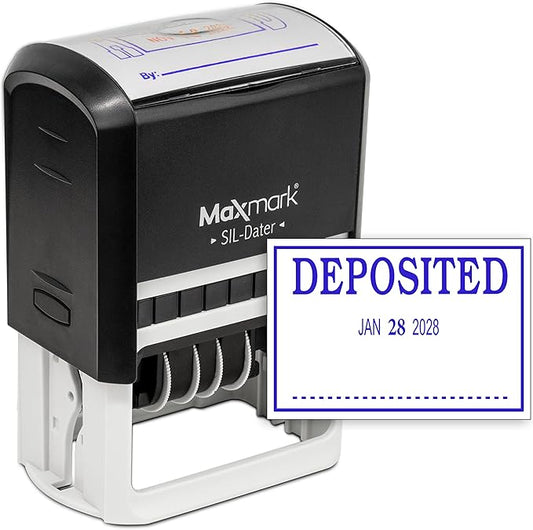 MaxMark Large Self-Inking Rubber Date Office Stamp with Deposited Phrase & Date - Blue Ink, 12-Year Band - Style 3