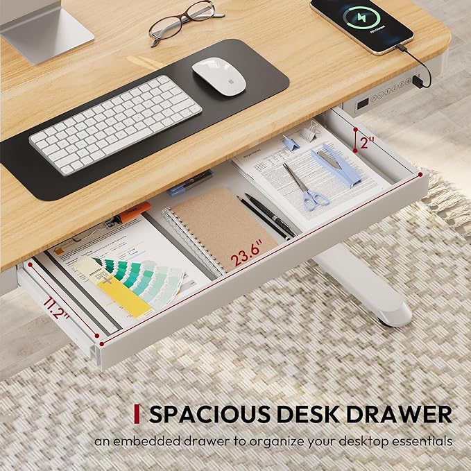 Standing Desk with Drawer, Electric Height Adjustable Home Office Desk with Storage & USB Ports, 55 inch Maple Wood Tabletop/White Frame