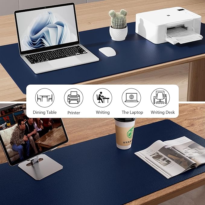 Aothia Leather Desk Pad Protector, Mouse Pad, Office Desk Mat, Non-Slip PU Leather Desk Blotter, Laptop Desk Pad, Waterproof Desk Writing Pad for Office and Home (Dark Blue,23.6" x 13.7")