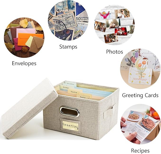Remowith Greeting Card Organizer and Storage Box with 20 Pcs Adjustable Dividers, Storing Cards with 84 Pcs Labels Perfect for Storing Greeting Cards, Envelopes, Photos 1 Pack Beige