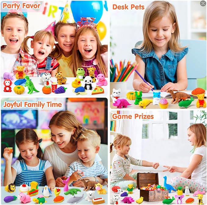 Moosia 60 Pack Animal Pencil Erasers for Kids, 3D Mini Puzzle Take Apart Erasers, Desk Pets & Treasure Box Toys, Bulk Party Favors, Classroom Prizes, School Supplies, Gift for Boys & Girls