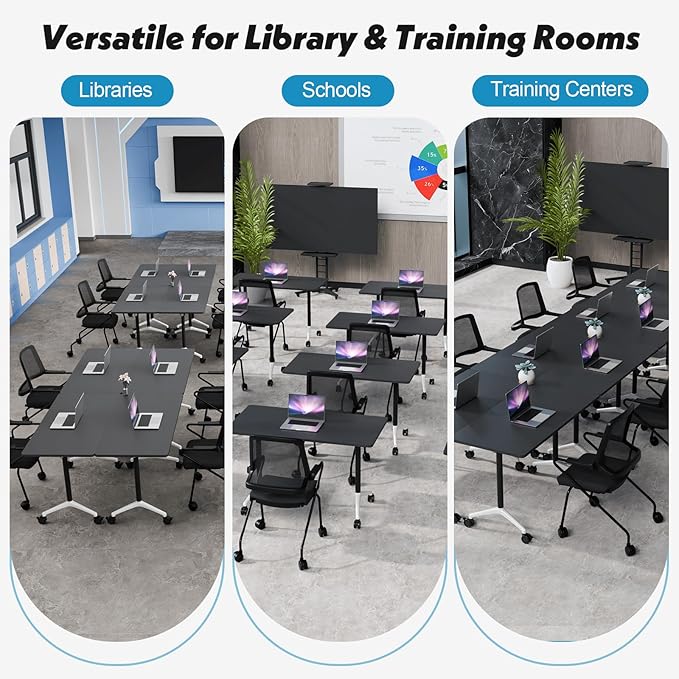 Goakwwuz Conference Room Table, Folding Conference Tables,Thicken Grey Tabletop,Flip Top Wooden Seminar Meeting Room Table for Conference Room Offices (10, Black, 55.1”)