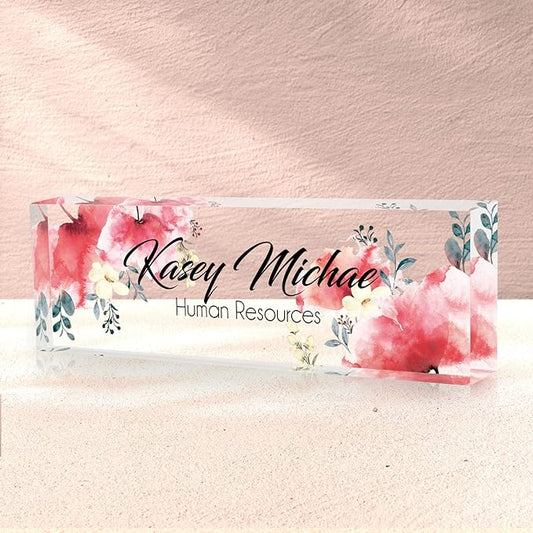Custom Name Plate for Desk, Desk Name Plate Personalized, Office Decor for Women Men, Acrylic Desktop Accessories, Office Gifts for Coworkers Boss Teacher, Employee Appreciation Gifts (Flowers A)