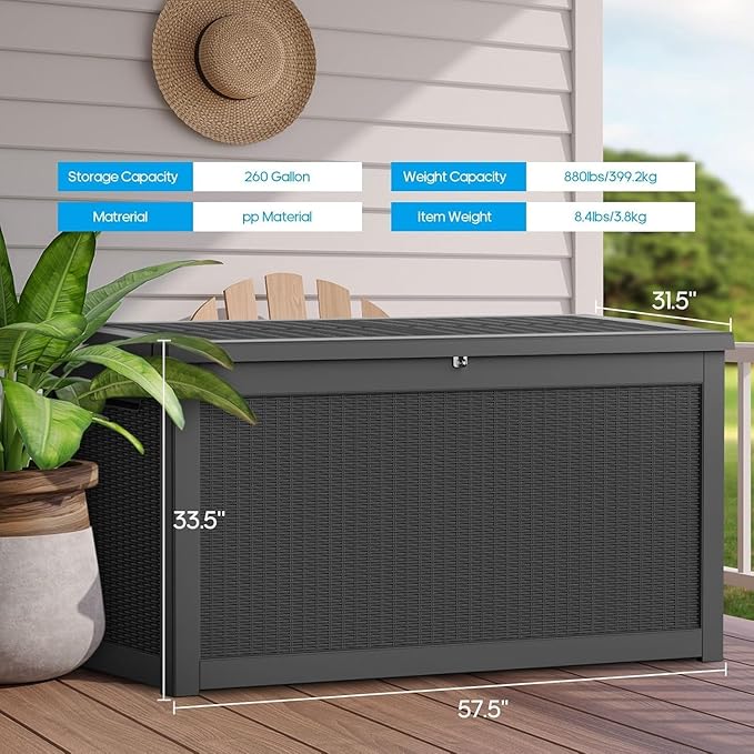 PATIOEASY Outdoor Storage Box 320GAL Waterproof Resin Deck Box,UV-Resistant Lockable Delivery Bin for Garden Tools,Large Patio Outside Cushions,Pool Accessories Supplies,Chest,Furniture,Package,Black