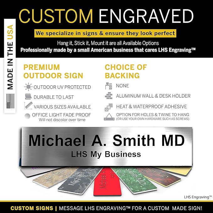 Door Name Plate Personalized for Office Brushed Steel Plastic Name Plate Black Letters - Made in USA 2x12 M1