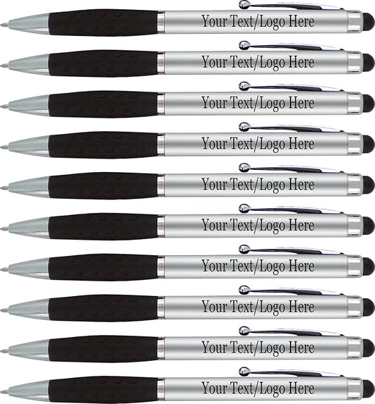 SyPen Personalized Pens With your Custom Logo or Text-300 Pack Bulk-for Businesses, Parties, and Events, 2 in 1 Ballpoint Pen & Stylus for Touchscreen Devices, Silver Barrel, Black Ink