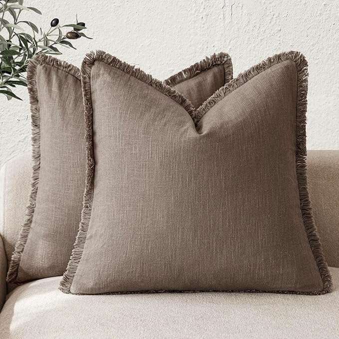 Foindtower Set of 2 Decorative Linen Fringe Throw Pillow Covers Cozy Farmhouse Cushion Cover with Tassels Accent Pillowcase for Couch Chair Sofa Bed Living Room Home Decor,20×20 Inch,Light Coffee