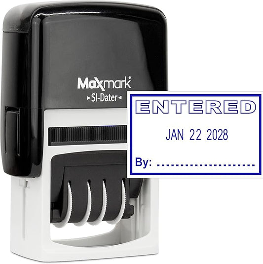 MaxMark Office Self Inking Date Stamp with Phrase Entered - Blue Ink
