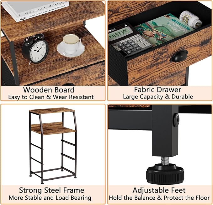 Furnulem Nightstand with 3 Drawers and 2-Tier Shelf, Fabric Small Dresser Organizer Vertical Storage Tower for Bedroom, Closet, Hallway, Nursery, End Table Side Furniture, Sturdy Steel Frame, Wood Top