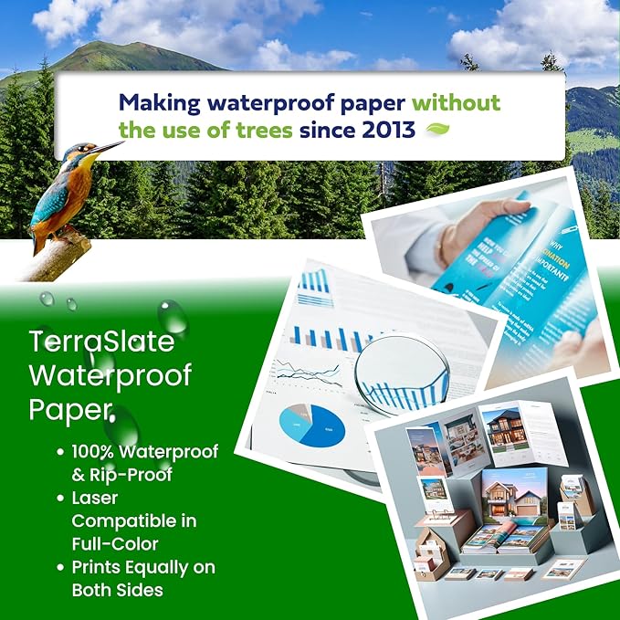 TerraSlate Printable Waterproof Paper for Laser Printer, 10 MIL 8.5" x 14", 50 Sheets, Matte White Printer Paper, Rip-Resistant, Weather/Rain Proof Copy Paper