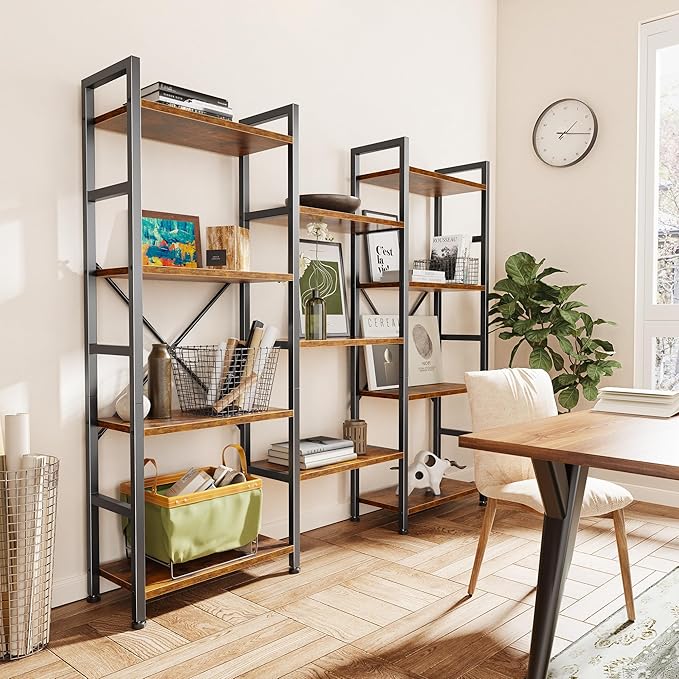 SUPERJARE Triple 4 Tier Bookshelf, Bookcase with 11 Open Display Shelves, Wide Book Shelf Book Case for Home & Office, Rustic Brown