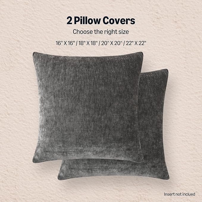 Amazon Basics Chenille Throw Pillow Covers, Home Decor Cushion Cover for Bedroom Living Room Couch Bed, 20" W × 20" L, Dark Gray