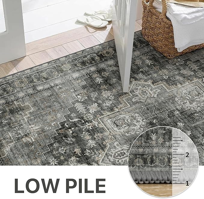 GENIMO 5x7 Area Rugs for Living Room, Machine Washable Non Slip Vintage Rugs, Low Pile Lightweight Chenille Print Rug for Bedroom, Dining Room, Home Office,Charcoal Gray