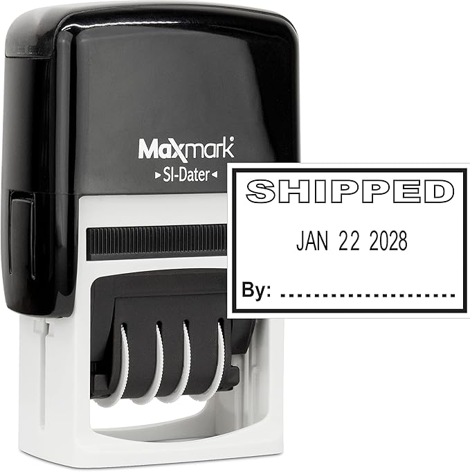 MaxMark Office Self Inking Date Stamp with Phrase Shipped - Black Ink