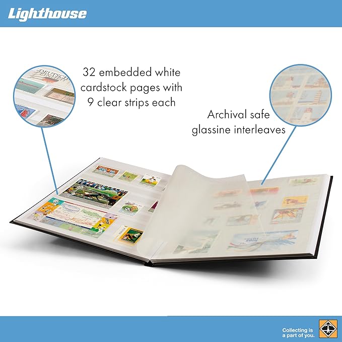 LIGHTHOUSE – “BASIC” Hard Cover Stockbook for Stamps – 32 White Cardstock 9”x12” (A4) Pages with Glassine Strips - Red