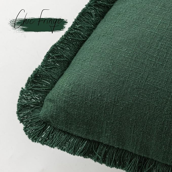 Foindtower Set of 2 Decorative Linen Fringe Throw Pillow Covers Cozy Boho Farmhouse Cushion Cover with Tassels Soft Accent Pillowcase for Couch Sofa Bed Living Room Home Decor, 18×18 Inch, Pine Green