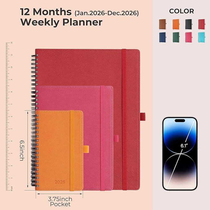 IN-LUXPRO Planner 2026 Daily Weekly and Monthly,6.5"x3.75",12 Months Spiral Bound Calendar Agenda with Self-adhesive Pen Holder,2026 Appointment Book with Vegan Leather Soft Cover,Orange