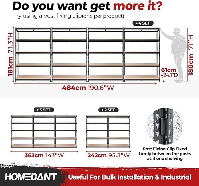 HOMEDANT 47.7" W Deep 5 Tier Heavy Duty Garage Shelving Adjustable Metal Rack Storage Shelves Standing Shelf Unit Organizers Industrial Warehouse Basement Black 1Pack