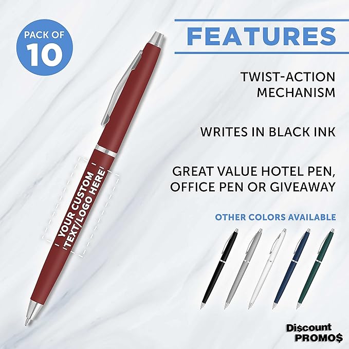 DISCOUNT PROMOS Custom Langham Ballpoint Pens Set of 10, Personalized Bulk Pack - Black Ink, Great for Office, School, Business, Tradeshows - Burgundy