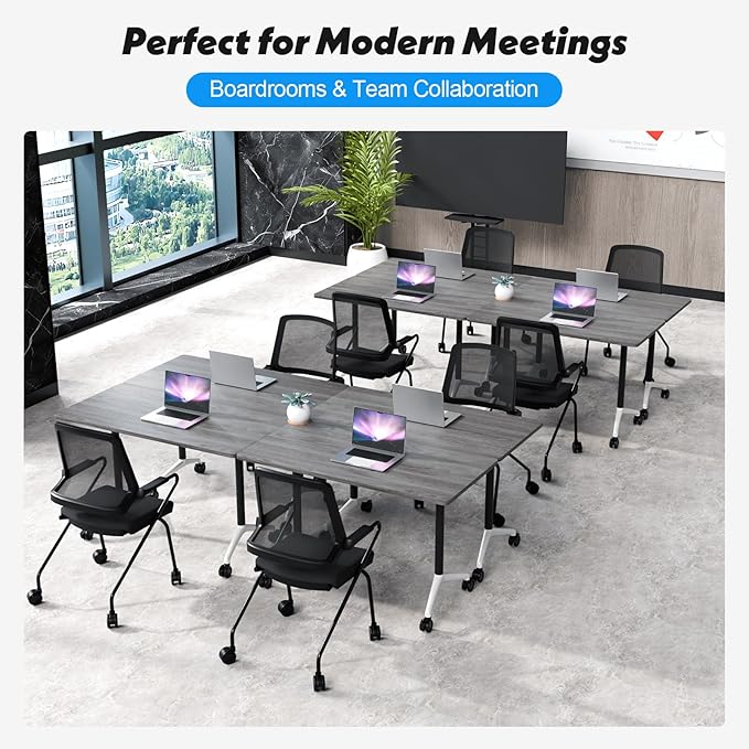 Goakwwuz Conference Room Table, Folding Conference Tables,Thicken Grey Tabletop,Flip Top Wooden Seminar Meeting Room Table for Conference Room Offices (6, Grey, 55.1”)