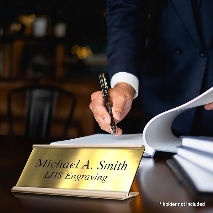 Engraved Name Plates for Door Sign Personalized Brushed Brass Plastic Plaque with Black Letters - Made in USA 2x10 M6