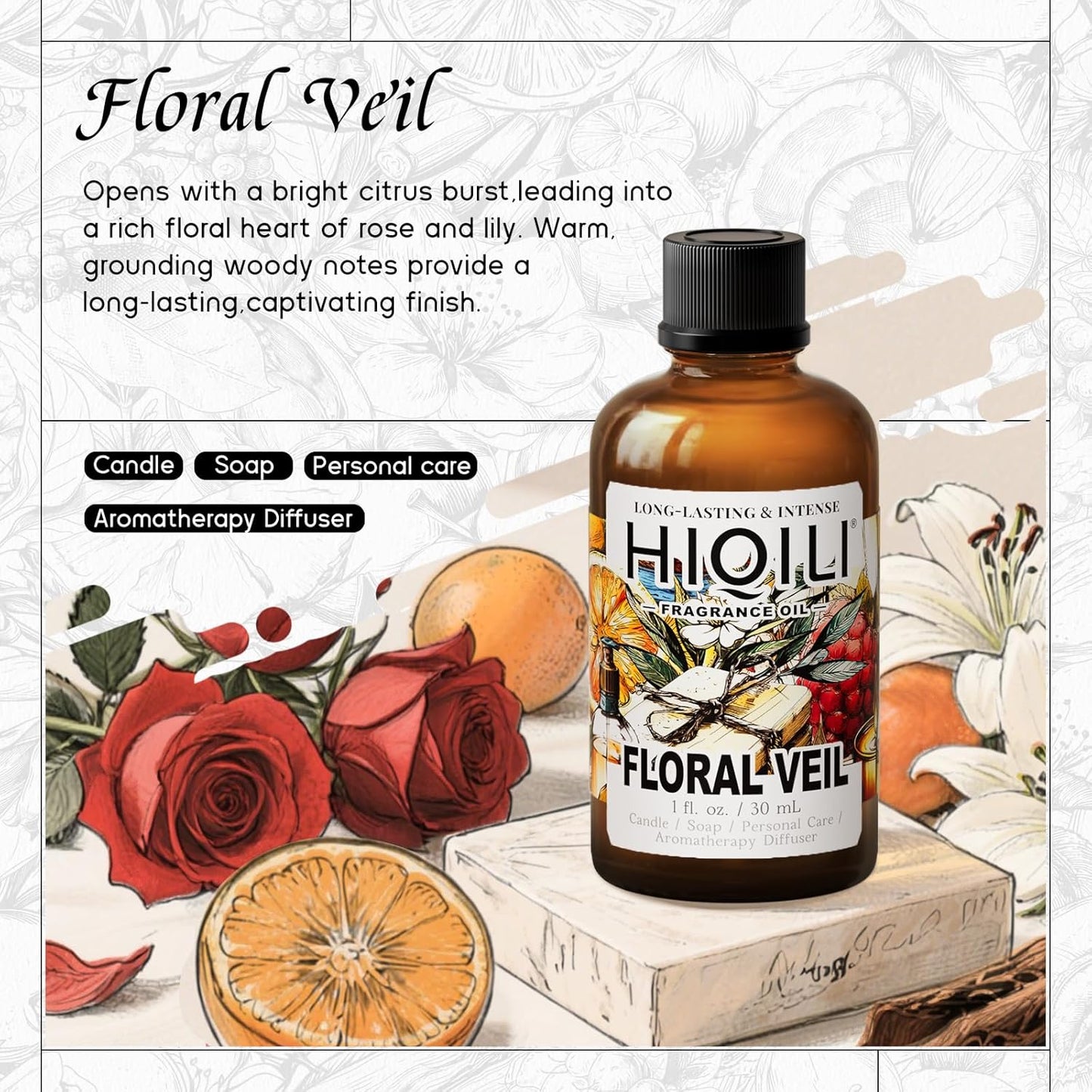 HIQILI Floral Veil Fragrance Oil for Candle & Soap Making, Inspired by ISY-Myake L.d'Isy-Florale, Humidifier, Add to Scented Sachets, Reed Diffuser Oil Refill - 1 Fl Oz