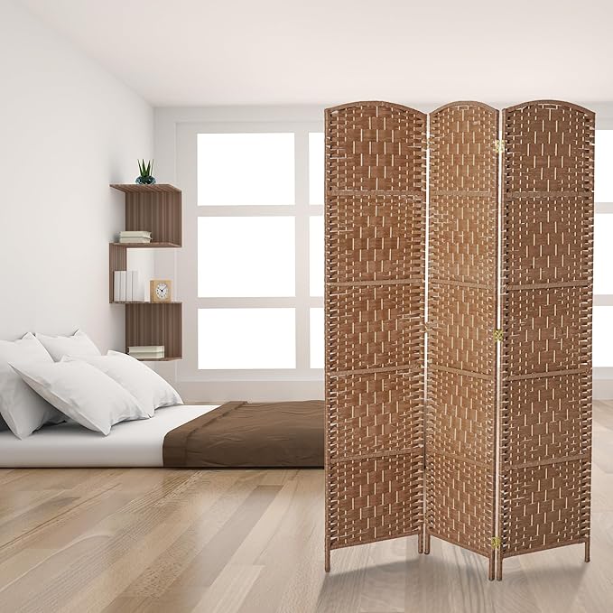 HOMCOM Room Divider, 3 Panel Folding Privacy Screen, 6FT Tall Portable Wicker Weave Partition Wall Divider for Bedroom, Home Office, Natural