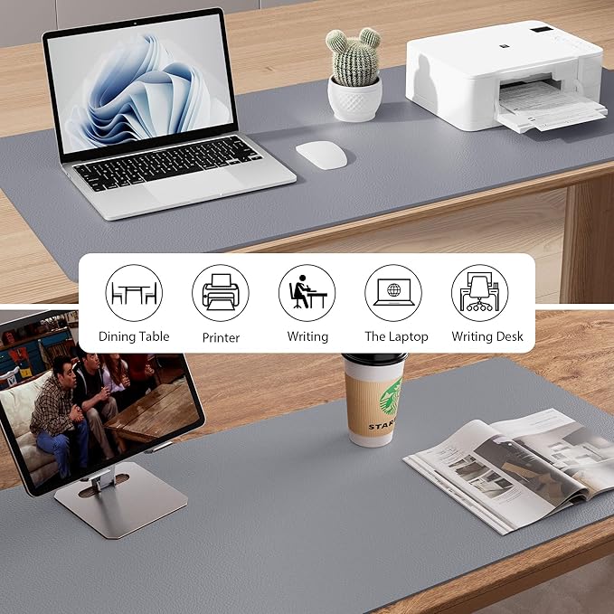 Aothia Leather Desk Pad Protector, Mouse Pad, Office Desk Mat, Non-Slip PU Leather Desk Blotter, Laptop Desk Pad, Waterproof Desk Writing Pad for Office and Home (36" x 17", Light Grey)