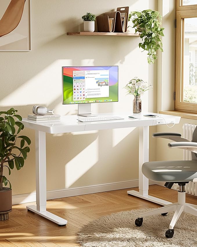 Marsail Glass Standing Desk with Drawer,55 x 28 inch Electric Standing Desk, Sit Stand Desk with One-Piece Tabletop & USB Charging Ports, Height Adjustable Desk with Storage for Home & Office White
