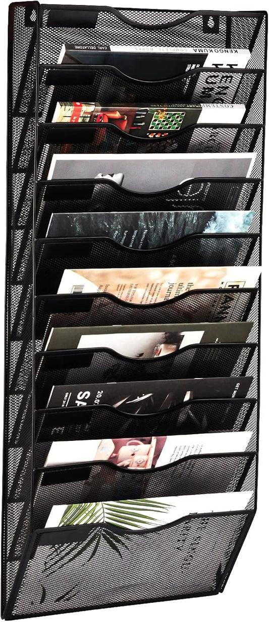 EASEPRES 10 Pocket Mesh Hanging Wall File Organizer, Wall Mounted Mail Paper Document Folder Holder, Clipboard Storage Organization Magazine Rack with Nametag Label for Office Home School, Black