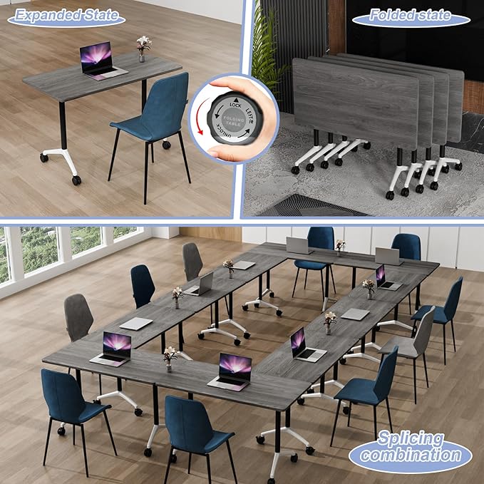 Conference Table Flip Top Mobile Conference Room Tables,Folding Conference Table with Wheels,Large Meeting Training Seminar Table Saving Space for Office Classroom(4C,55.1'')