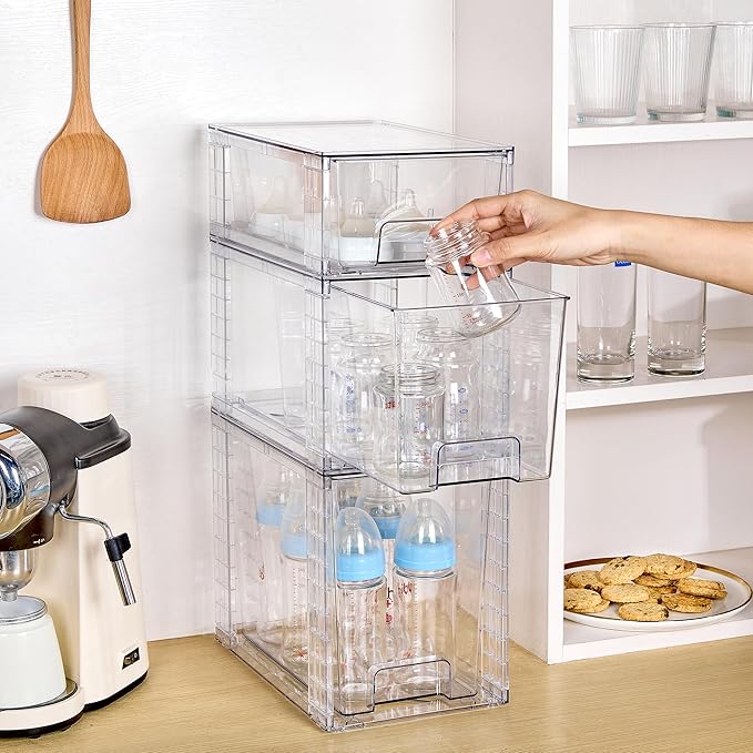 Vtopmart 6 Pack Clear Stackable Storage Drawers,Easy to Assemble Bathroom Organizers and Storage with handles,Plastic Drawers for Kitchen Pantry,Cabinet,Under Sink Organization