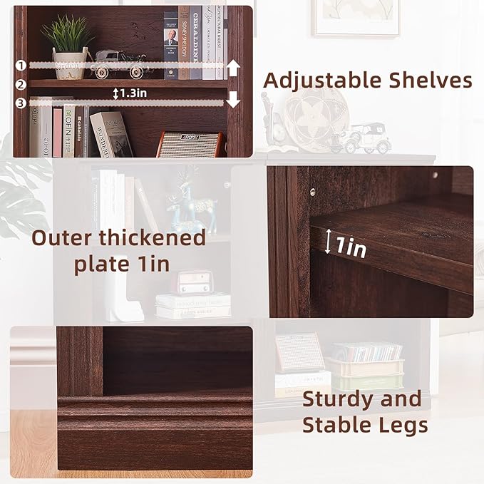 RWYHG 43" Walnut Tall Bookshelf Set of 4,3-Tier Thick Wooden Book Shelf with Adjustable Shelves,Free Standing Farmhouse Bookcase with Open Display Storage,Floor Vintage Bookshelves for Living Room