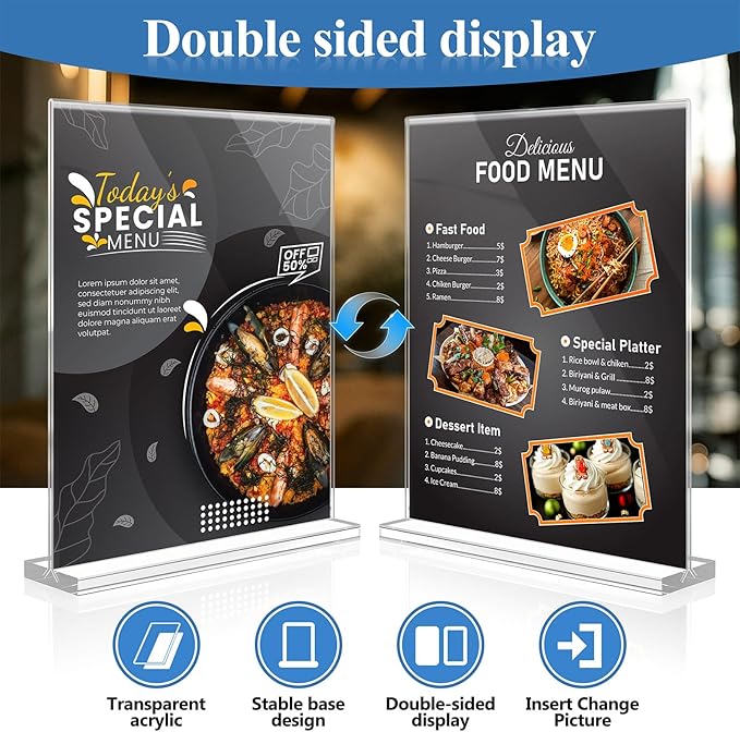 Eocnrhe Acrylic Sign Holder 8.5 x 11 6 Pack, Double-Sided Clear Sign Holder Plastic Stands for Display, Table Sign Stands, T Shape Flyer Holder