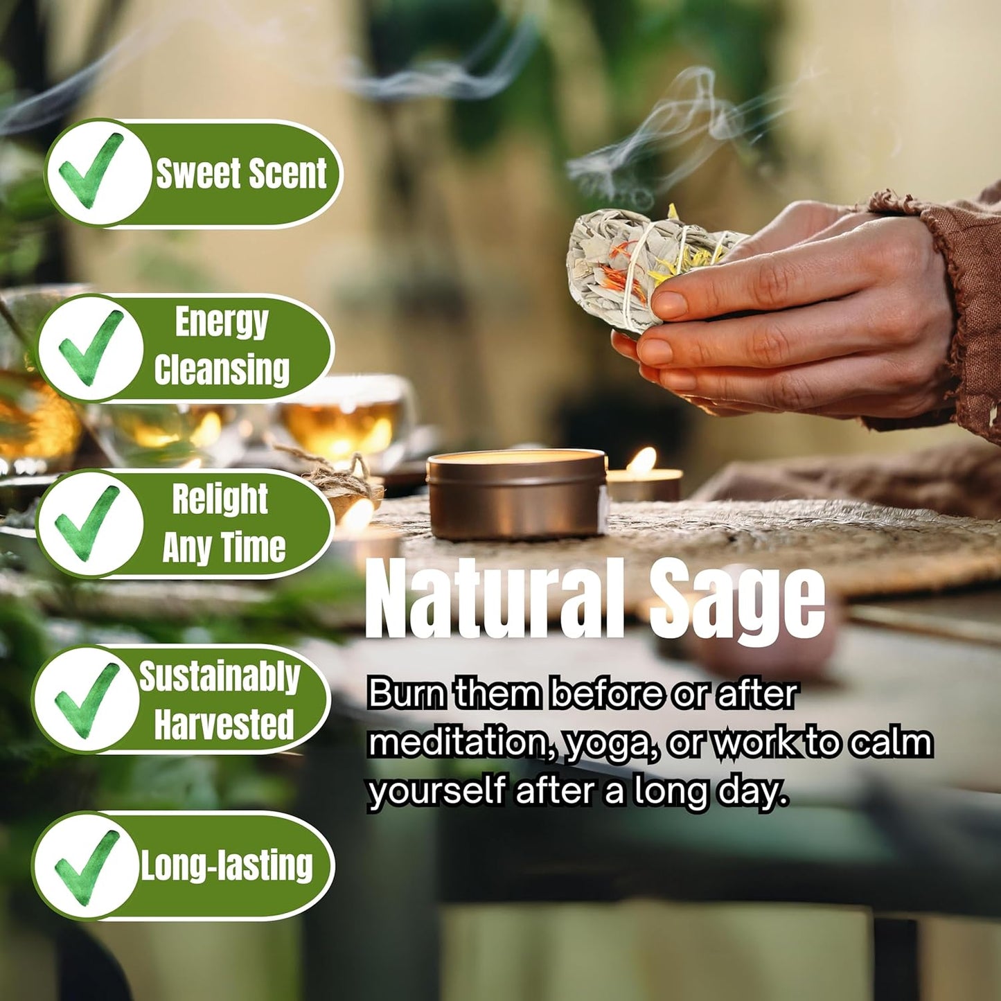 Ancient Veda Joy Organic White Sage Smudge Sticks with Flowers for Cleansing Home, Meditation, Yoga, Healing and Smudging | Sustainably Sourced California White Sage Bundles (3 Pack - 4 Inch)