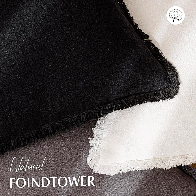 Foindtower Set of 2 Decorative Linen Fringe Throw Pillow Covers Cozy Farmhouse Boho Cushion Cover with Tassels Soft Accent Pillowcase for Couch Sofa Bed Living Room Home Decor 20×20 Inch Black