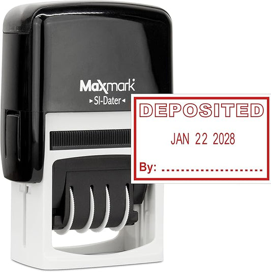 MaxMark Office Self Inking Date Stamp with Phrase Deposited - Red Ink